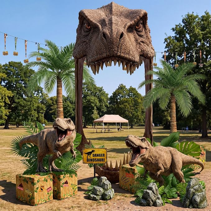 Colingmill 13 Pcs Dinosaur Birthday Decoration Jurassic Themed Party Supply with T-rex Large Door Banner Backdrop, Palm Trees, Dinosaur Cutouts Boxes and Warning Sign for Jungle Safari Birthday Decor