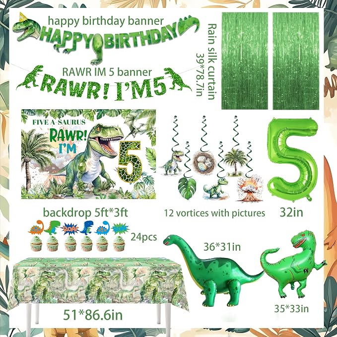Dinosaur Boys 5th Birthday Dino Jurassic Party Supplies: Banner, Backdrop, Tablecloth, Cake Toppers, Balloons