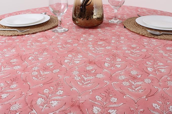 Ridhi Round Tablecloth Hand Block Print 100% Cotton Reusable Sweet Pink 60 Inch Table Cover Decorative Everyday Use for Dining, Home, Party, Wedding, Farmhouse, Party Gift for Spring, Mother's Day