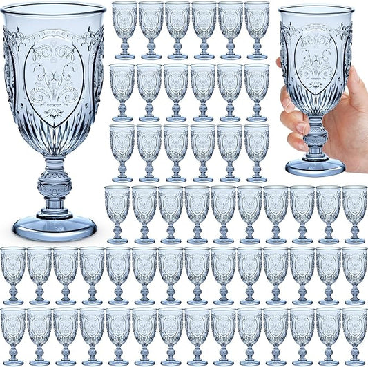Wiwiqing 60 Pack Plastic Goblets 10oz Upgrade Vintage Water Goblet Plastic Wine Glasses Colored Retro Embossed Glassware for Party Wine Bar Juice Baby Shower Wedding Reception Grand (Blue)