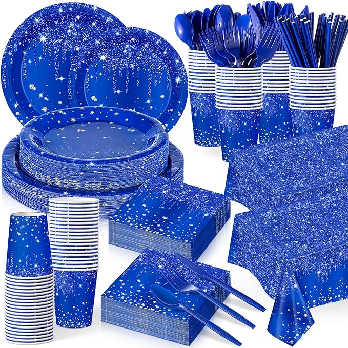Funnymoom 452 Pcs Navy Blue Birthday Party Decoration Include Royal Blue Paper Plates Diamond Napkins Cups Tablecloth Cutlery Straws Tableware for Birthday Baby Shower Graduation Party Supplies