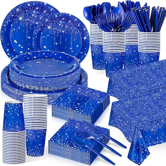 Funnymoom 452 Pcs Navy Blue Birthday Party Decoration Include Royal Blue Paper Plates Diamond Napkins Cups Tablecloth Cutlery Straws Tableware for Birthday Baby Shower Graduation Party Supplies