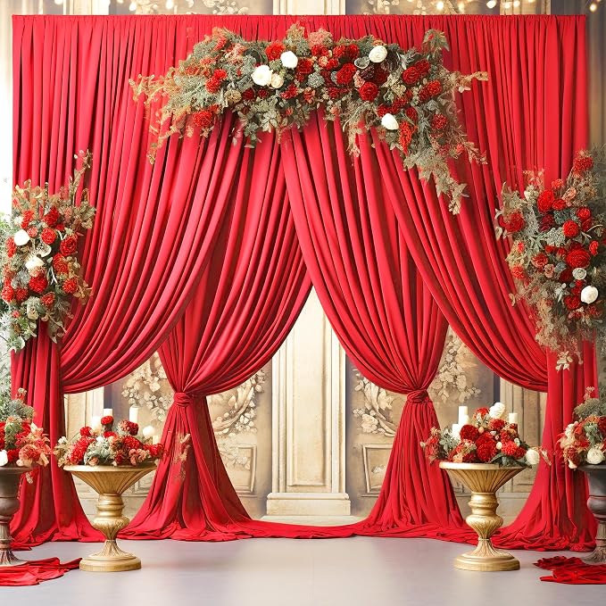 6 Panels Red Backdrop Curtains for Wedding Party Wrinkle Free Backdrops Curtain Drapes Fabric Decorations Photo Back Drop Cloth for Baby Shower Photography Stage Reception 30ft(W) x 12ft(H)