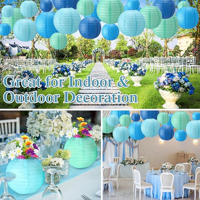 Treela 48 Pcs Paper Lanterns Party Decorations Chinese Round Paper Decor 4/6/8/10 Inch Asian Hanging Lamps Decorative for Birthday Party Wedding Bridal New Year Valentine Day Supplies(Blue Series)