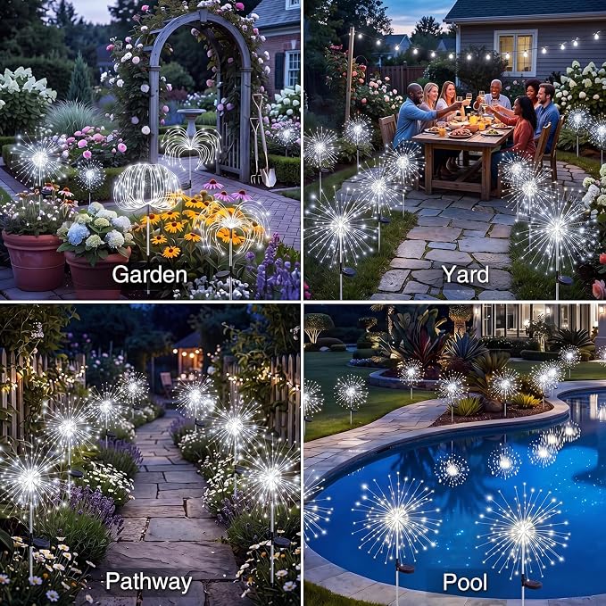 btfarm 3 Pack 120 LED Solar Garden Lights Outdoor, 8 Modes Firework Lights Solar Powered, Waterproof Twinkle Fairy Light Outside for Yard Patio Pathway Pool Christmas Party Decorative, Cool White