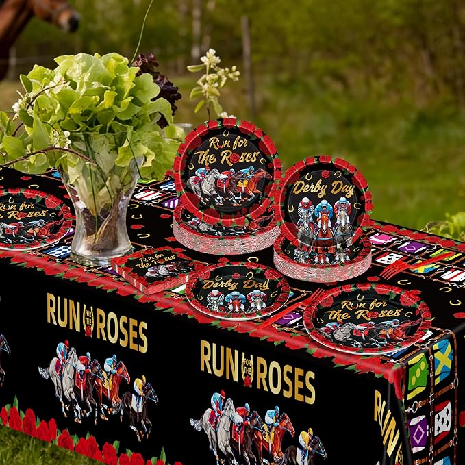 QZYL 122 PCS Derby Party Supplies, Disposable Derby Plates Tablecloths Forks Horse Napkins Set, Run for The Rose Kentucky Racing Horse Decorations for Party Tableware Supplies, Serves 30