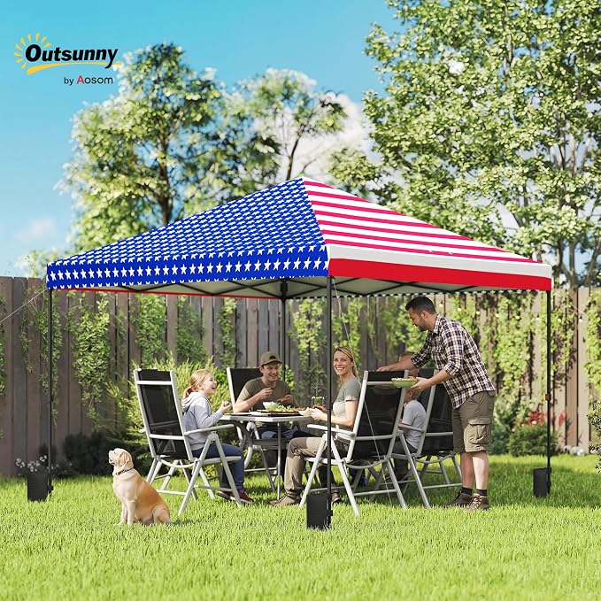 Outsunny 10 x 10 ft Pop Up Canopy Tent with One Push Setup, Easy Setup Outdoor Portable Instant Canopy Shelter with Wheeled Carry Bag, Sandbags, Adjustable Height for Parties, Events, American Flag
