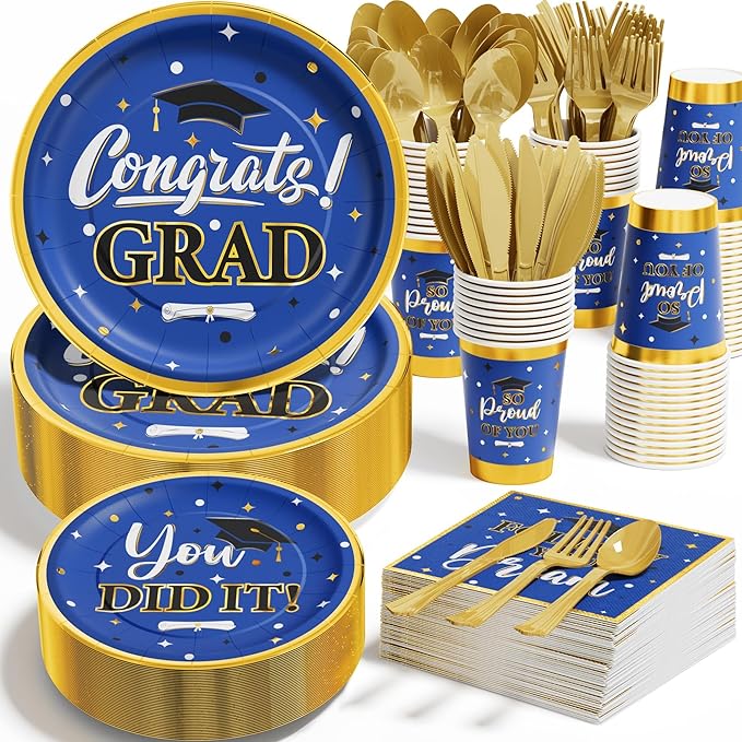 Ecomore Graduation Decorations Class of 2026, 350PCS Graduation Party Supplies Disposable Dinnerware(Serve 50) with Paper Plates Cup Napkin Fork Knife Spoon College High School Grad Decor(Blue & Gold)