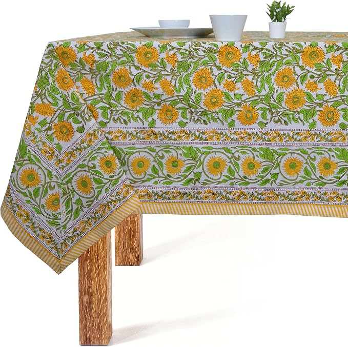 Block Print Table Cloth- Yellow 60x108 Inch Rectangle 100% Cotton Handmade Pre-Shrink, Washable for Spring, Kitchen & Dining Perfect for Chirstmas, Patio, Indoor & Outdoor, Farmhouse