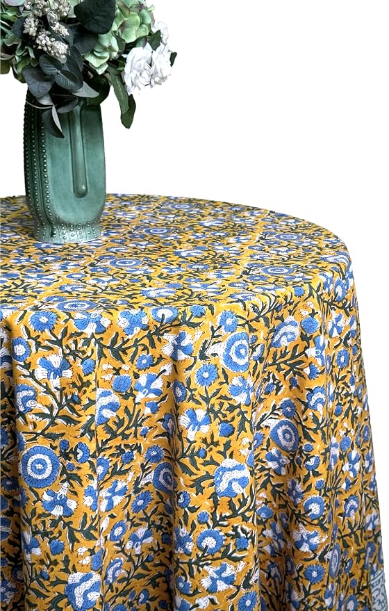 ATOSII Marigold Blue100% Cotton Round Tablecloth, Block Print Floral Table Cloth for Dining, Parties, Weddings, Outdoors, Holidays I 90" Inches, 6 Seater I Grandmillennial Farmhouse Spring Summer Boho