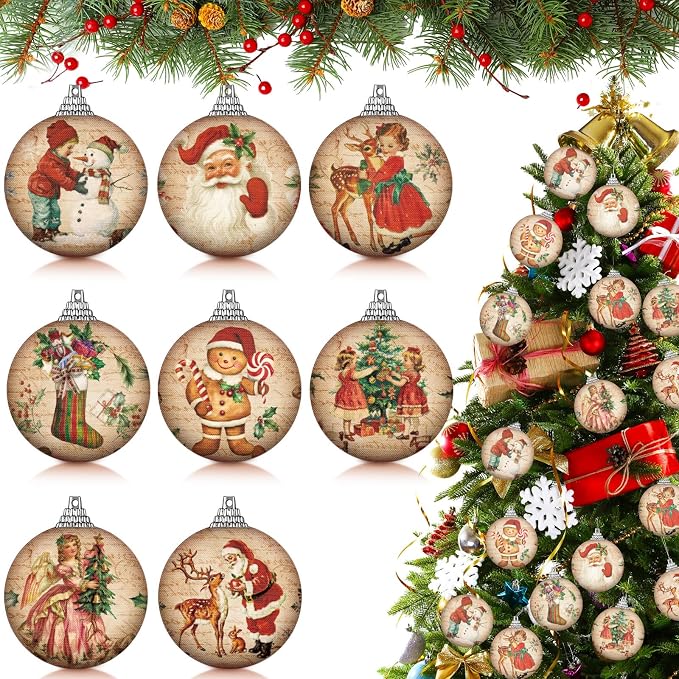 Outus 16 Pcs Christmas Tree Ball Ornaments Vintage Christmas Decorations for Tree Xmas Socks Gingerbread Decorative Hanging Ornaments for Farmhouse Home Fireplace Decoration Holiday Party Favors