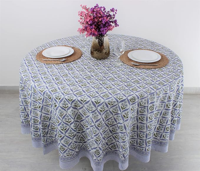 Ridhi Round Tablecloth Hand Block Print 100% Cotton Reusable Light Steel Blue 110 Inch Table Cover Decorative Everyday Use for Dining, Home, Party, Wedding, Farmhouse Gift for Spring, Mother's Day