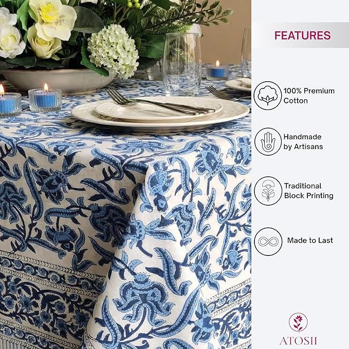 ATOSII Midnight Bloom 100% Cotton Spring Summer Tablecloth, Hand Block Print Rectangle Table Cover for Kitchen Dining Linen I Parties, Outdoors, Wedding, Easter I 72 X 108 Inches I 8 Seater
