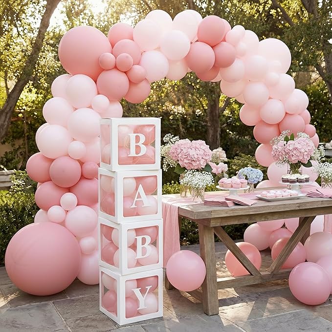 154Pcs Coquette Pink Bow Baby Shower Decorations for Girl - Soft Pink Balloon Arch Garland Kit with 4 Baby Boxes - DIY Long Balloons for Bows, Princess Birthday Party Supplies, Gender Reveal