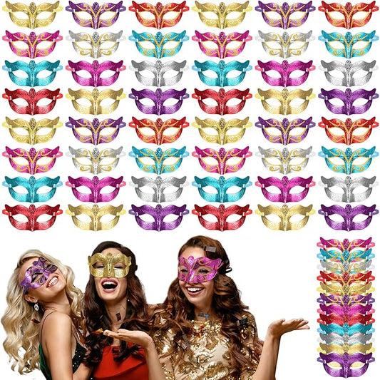 VioraWhite 60 Pack Multicolored Masquerade Mask Gold Shining Plated Mardi Gras Mask for Purim Mardi Gras Wedding Party