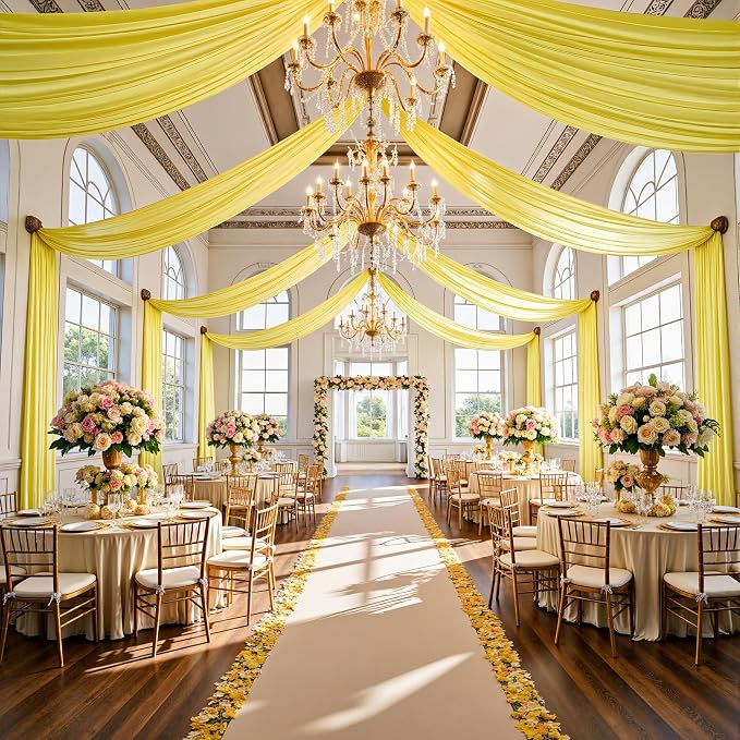 10ftx40ft Light Yellow Ceiling Curtain for Wedding Parties – 2 Panels Wrinkle-Free 40 FT Long Tent Draping Curtains for Wedding, Birthday & Theme Parties, 40ft Height with Rod Pocket