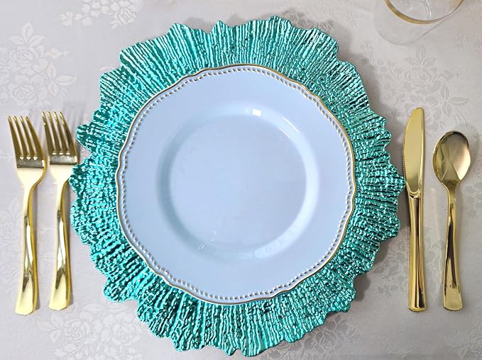 " OCCASIONS " 50 Plates Pack (25 Guests)-Heavyweight Wedding Party Disposable Plastic Plate Set -25 x 10.25'' Dinner + 25 x 7.5'' Salad/dessert plates (Rochelle Blue and Gold)
