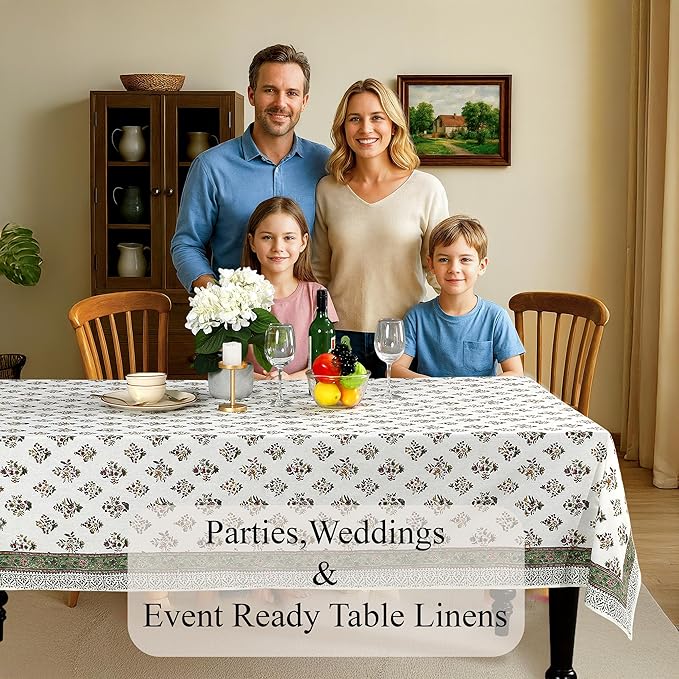 CPC Block Print Tablecloth Fall Green 108"x70" Rectangular 100% Cotton Reusable Table Cover, Everyday Decorative Table Cloth Use for Dining, Farmhouse, Home Gift for Spring, Mother's Day