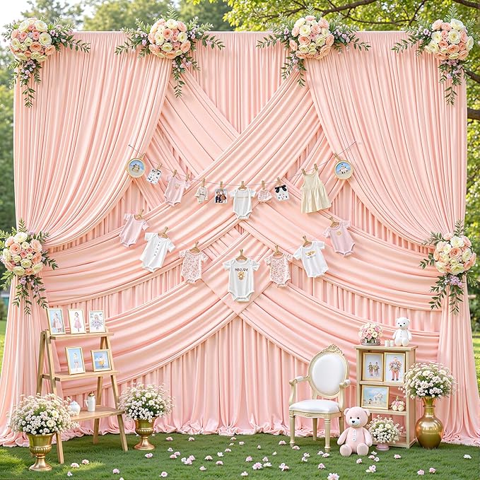 16x10FT Pale Pink Backdrop Curtains for Wedding Parties, Wrinkle Free Polyester Photography Backdrop Drapes for Wedding Baby Shower Birthday Parties Stage Background Stand Decorations 4x10ft,4 Panels