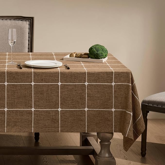 ZeeMart Grid Embroidered Hemmed Tablecloths, Caramel 60x60 Inch, Farmhouse Style Heavy Weight Cotton Linen Brown Tablecloths, Boho Plaid Water Resistant Square Table Cloth