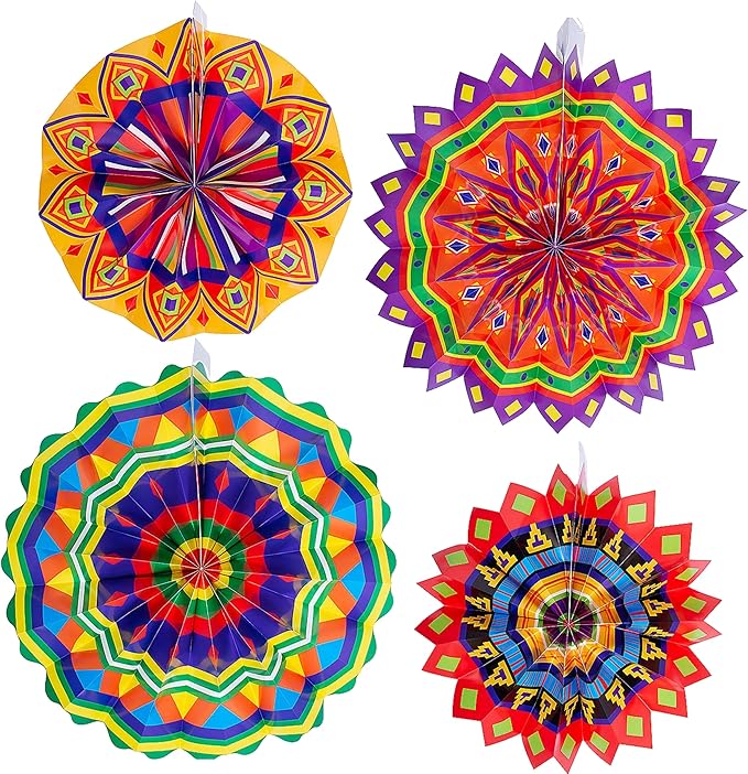 Fun Express 36"-46" Giant Fiesta Hanging Paper Fans - Colorful Party Decor Pieces for Celebrations, Birthdays, and Events - 4 Pieces