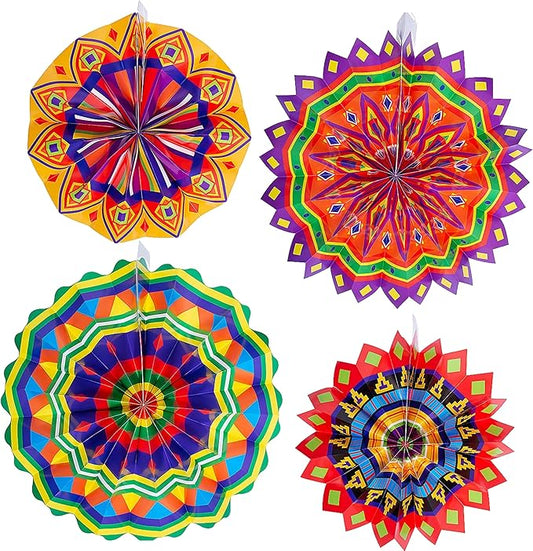 Fun Express 36"-46" Giant Fiesta Hanging Paper Fans - Colorful Party Decor Pieces for Celebrations, Birthdays, and Events - 4 Pieces