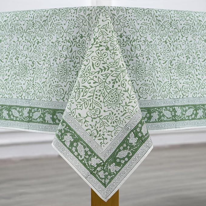 Ridhi Green Jal Hand Block Print Cotton Rectangle Tablecloth 160" x 72" inches Reusable Table Cover Decorative Everyday Use for Dining Room, Farmhouse, Home Gift for Spring, Mother's Day