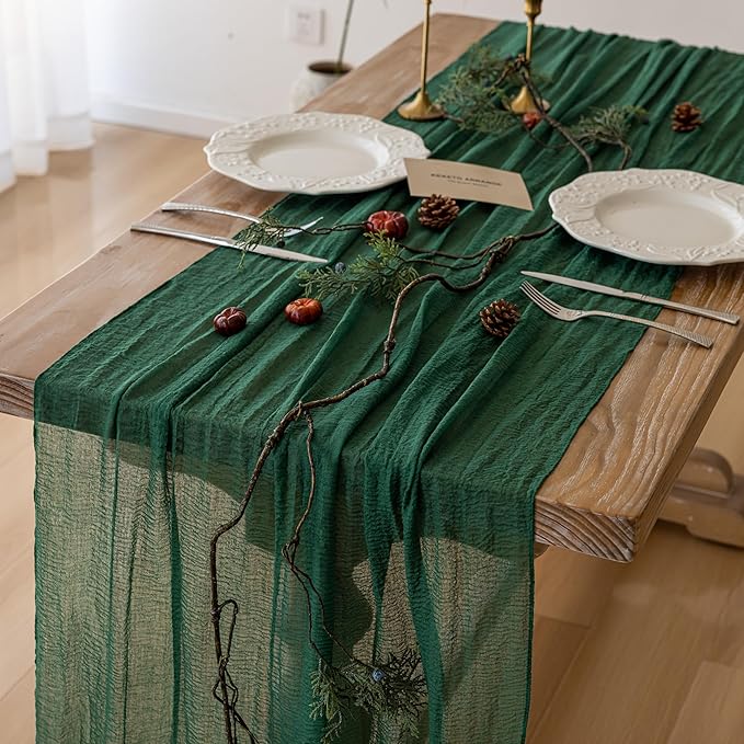 Keketoarrange 3pcs Emerald Green Table Runner Cheesecloth Gauze 120 Inch 10 FT Rustic Boho Cheese Cloth Table Decor for Wedding Baby Bridal Shower Party Long Sheer Vintage Spring Home Decorations