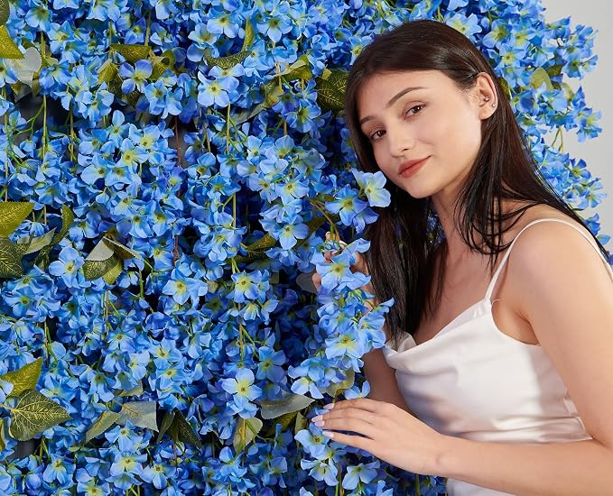 PONKING Flower Garland, Artificial Hydrangea Vine Flowers, Hanging Fake Hydrangeas Vine for Room Anniversary Wedding Birthday Christmas Wall Arch Decor, 2 Pcs, Floral Garland, Blue Flower