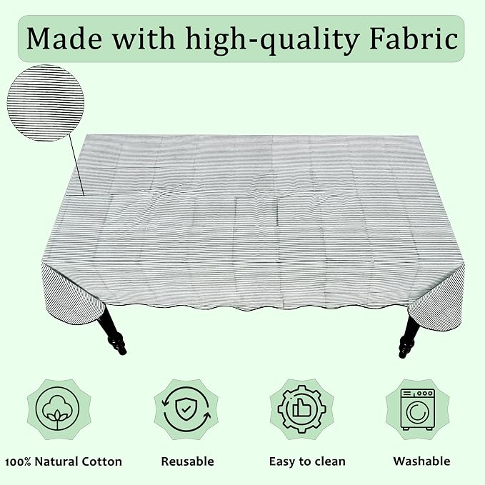 Ridhi Forest Green Stripe Block Print 60x90 Rectangle Tablecloth Table Cover for Dining Tables, Handcrafted Farmhouse Kitchen Decor, Washable, Decorative Tablecloths for Spring, Easter, Valentine