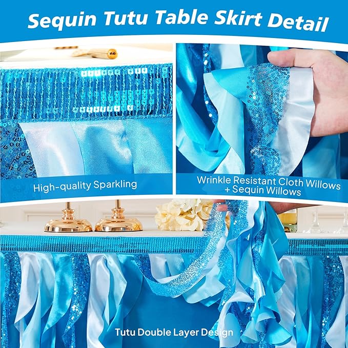 Wish Care 6ft Blue Sequin Table Skirt for Rectangle Tables Curly Willow Ocean Tutu Skirt Under The Sea Baby Shark Ruffle Table Cloth Desk Skirts for Birthday Baby Shower Theme Party Table Decorations