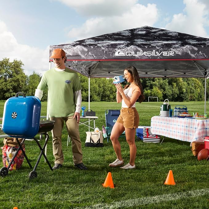 Quiksilver 10x10 Pop Up Canopy – UPF 50+ Outdoor Beach Tent with One-Push Setup – Portable Shade Shelter for Beach, Tailgate, Festivals, Camping – Water-Resistant Folding Gazebo with Wheeled Bag