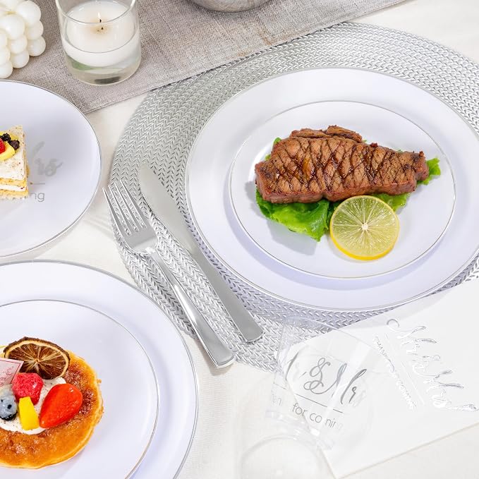 175 Mr and Mrs Silver Wedding Plastic Plates and Napkins Set,Bridal Shower Plates Set for 25 Guests Include 25Dinner Platos,25Dessert Platos,25Cups,25Napkins,25Gold Cutlery for Engagement Party Decor