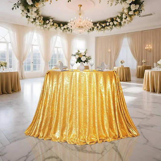 PartyDelight 120" Round Gold Sequin Tablecloth High-Density 3mm Stitched Sequins Floor-Length Shimmering Cover for 5ft/60 Circular Banquet Tables, Wedding Receptions