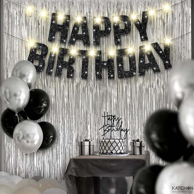 KatchOn, Black and Silver Happy Birthday Banner, Pack of 5 | Silver Fringe Backdrop, LED Lights & Cake Topper | Birthday Decorations, Party Decor for Men, Women, Girls & Boys