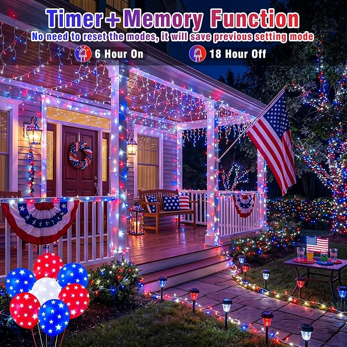 200 LED Red White and Blue Lights, Connectable 66Ft 4th of July Decorations String Lights Clear Wire, Waterproof Patriotic Light Plug in for Independence Day, Memorial Day Indoor Outdoor Decor