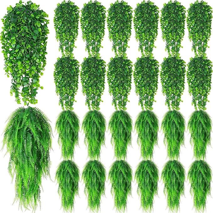 Daifunli 24 Pcs Artificial Hanging Plants Fake Hanging Ferns Plastic Fake Plant for Wall Room Garden Garland Indoor Outdoor Decor No Basket (Boston,Eucalyptus)
