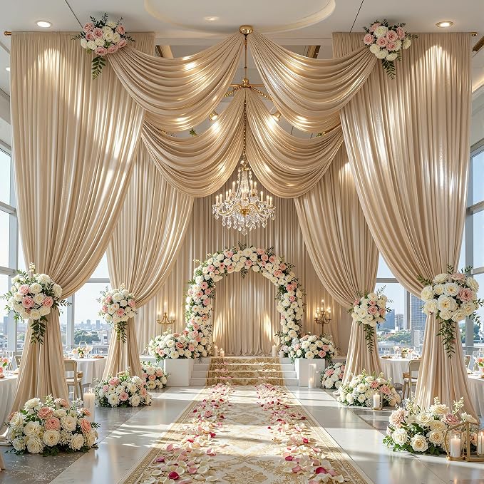 20x10ft Champagne Gold Glitter Backdrop Curtain for Parties, Wrinkle Free Satin Photo Backdrop Drapes 4 Panels Shimmer Back Drop Cloth for Wedding Birthday Baby Shower Photography Background Decor