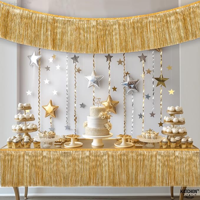 KatchOn, Large Champagne Gold Fringe Garland - 6.5 Feet, Pack of 2 | Foil Fringe Banner for 50th Birthday Decorations | Gold Streamers for Casino, Bachelorette, Graduation Decorations 2026