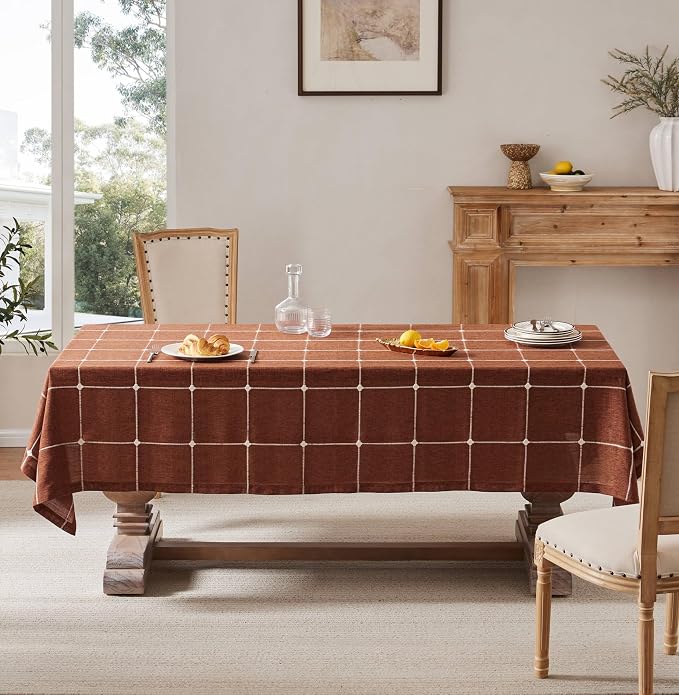 ZeeMart Grid Embroidered Hemmed Tablecloths, Terracota 60x84 Inch, Farmhouse Style Heavy Weight Cotton Linen Rust Tablecloths, Boho Plaid Water Resistant Rectangle Table Cloth