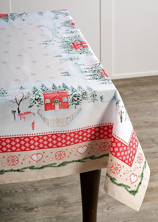 Maison d' Hermine Table Cloth Rectangle Table 100% Cotton 60 x 108 Inches Fall Tablecloth Reusable Everyday Use for Thanksgiving Christmas Decorations Dining Farmhouse Party (Rural Christmas)