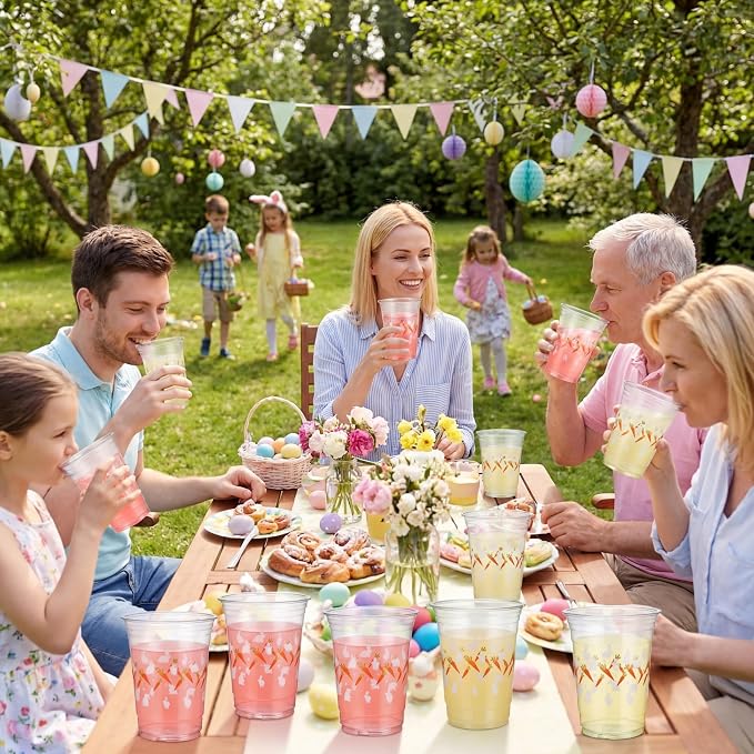 100 Pcs Plastic Cups 16 oz Disposable Carrot Bunny Party Cups Bulk Clear Cute Drinkware for Summer Party Supplies Spring Picnic Cold Drinks Snack