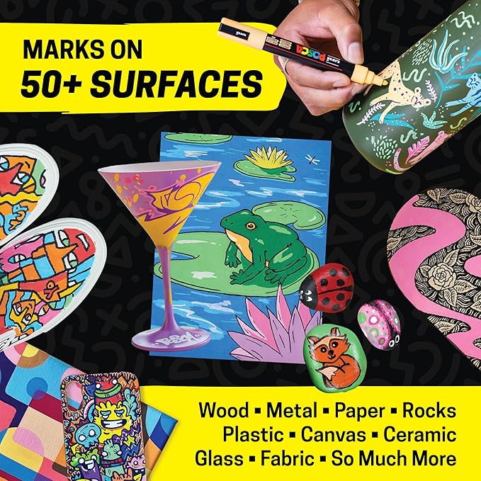 Uni Posca Paint Markers, 5M Medium Acrylic Markers with Reversible Tips, Artist Recommended For Gifts, Decorations, Fabric, Metal, Glass, Wood and Canvas, Assorted Colors, Set of 29
