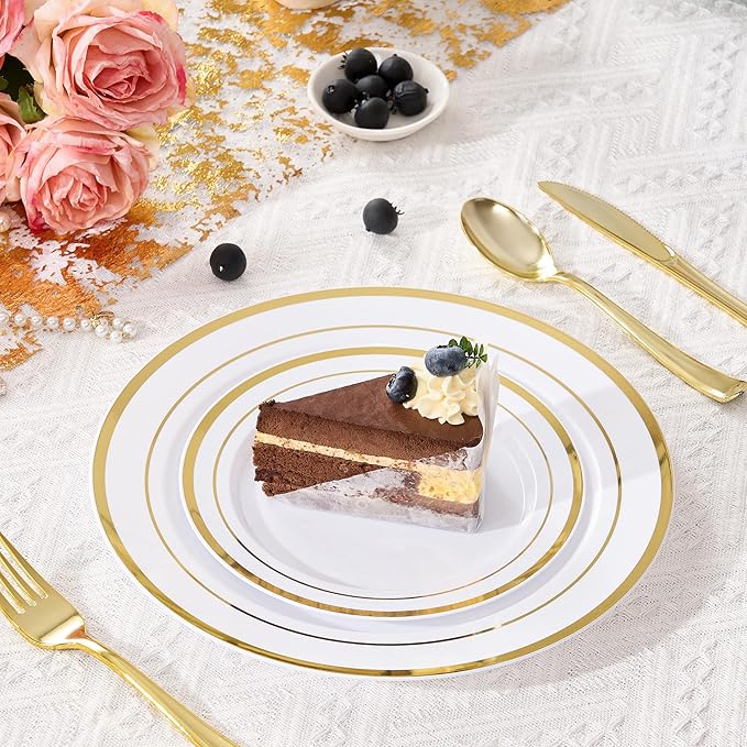 Fijinhom 200PCS Gold Plastic Plates, Disposable Plates with 100PCS 10" Dinner Plates & 100PCS 7" Dessert Plates for 100 Guests, Plastic Party Plates for Wedding, Birthday, Gold