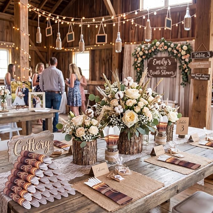 200 Pcs Rustic Wood Grain Wedding Supplies Biodegradable Disposable Tableware Set for 50 Guests Knives Spoon Fork Paper Napkins for Bridal Shower Camping Birthday Forest Themed Party