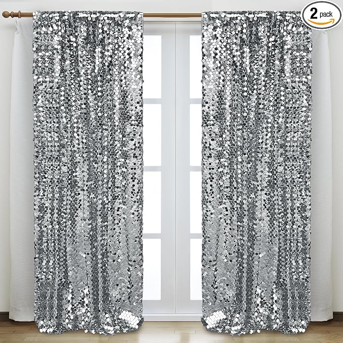 Silver Sequin Backdrop 18MM Large Sequins, 4x10 Feet, 2 Panel Glitter Sparkler Shimmer Backdrop for Decor, Parties, Home
