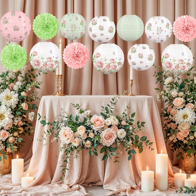 13PCS Spring Wildflower Bridal Shower Party Decorations Rose Paper Lanterns Pom Poms Valentines Day Garden Home Indoor Outdoor Decor