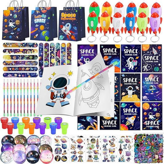 146pcs Space Party Favors Bags Fillers Includ Outer Space Goodie Bags Bracelets Solar System Coloring Books etc for Astronaut Party Decorations Supplies