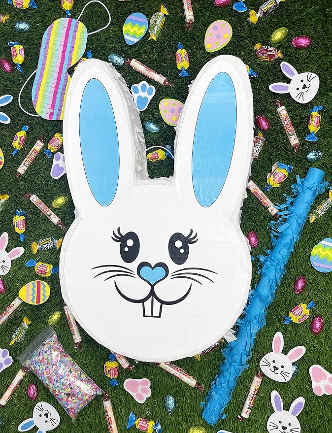 Jergrim Boy Easter Bunny Piñata Set with small stick and confetti bag - 17”x10”x 3” Perfect for Easter Celebration, Bunny Theme Parties, Party Decor, and more