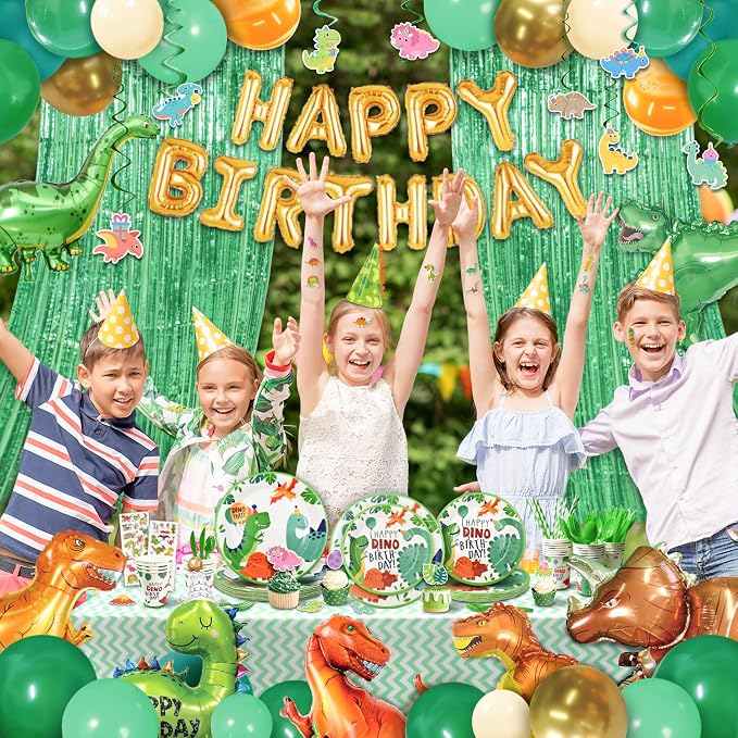 258 pcs Dinosaur Birthday Party Decorations For Boy,20 Tableware Sets,Fringe Curtains,20 Paper Plates, Paper Cups, Green Dinosaur Balloon Arch Kit